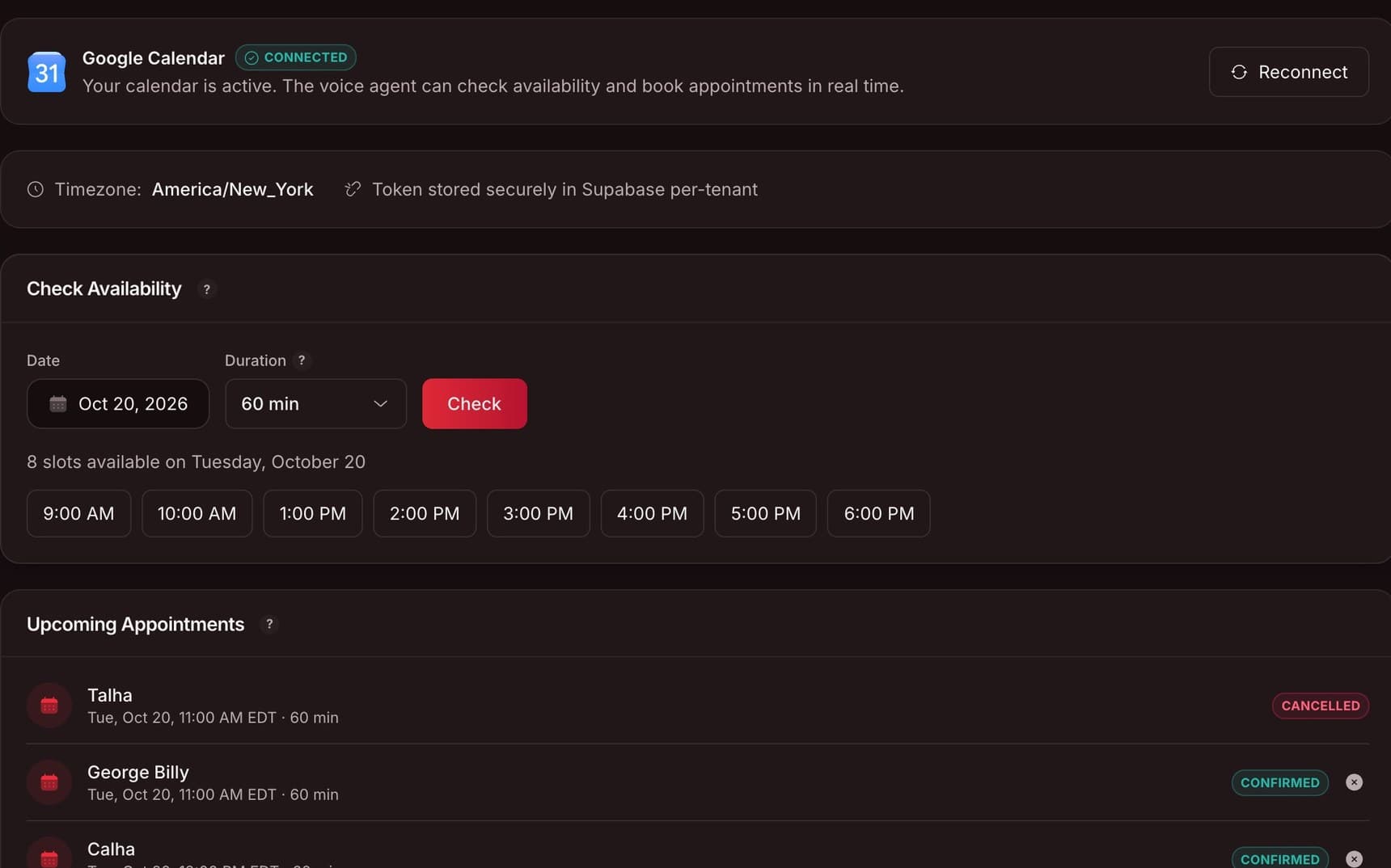 The calendar page showing open time slots