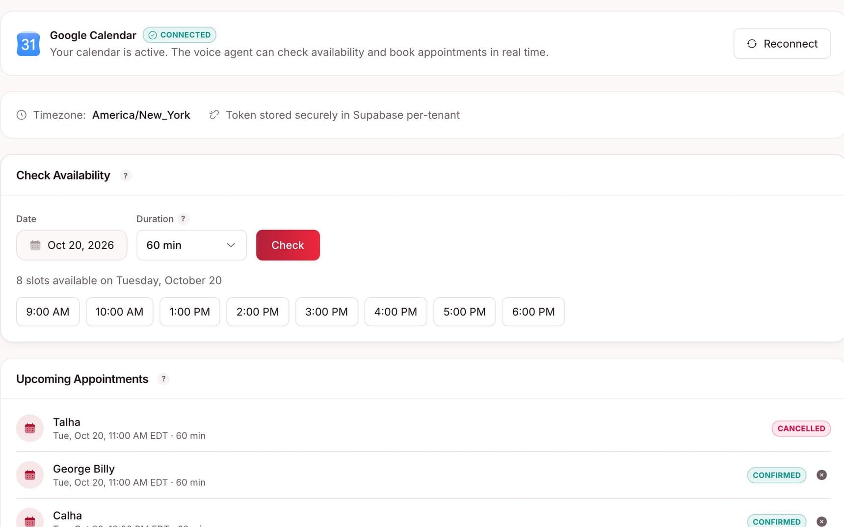 The calendar page showing open time slots
