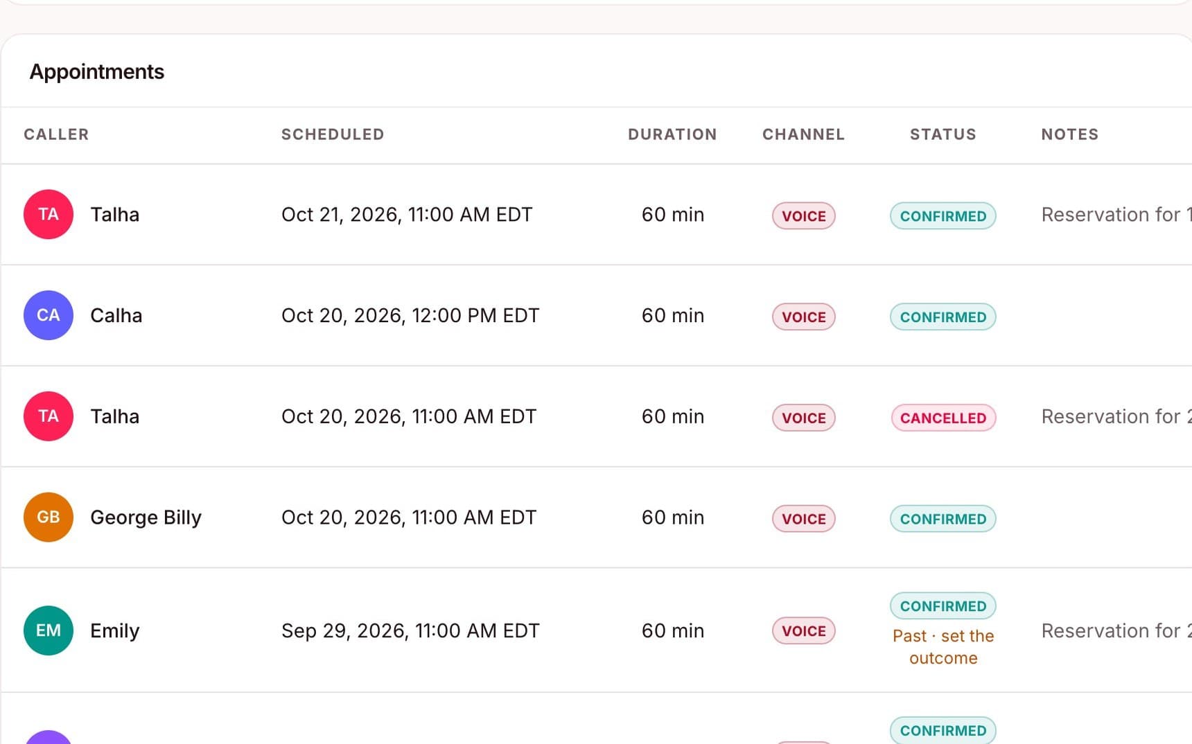The appointments list in the Sentire portal showing bookings made by the AI agent