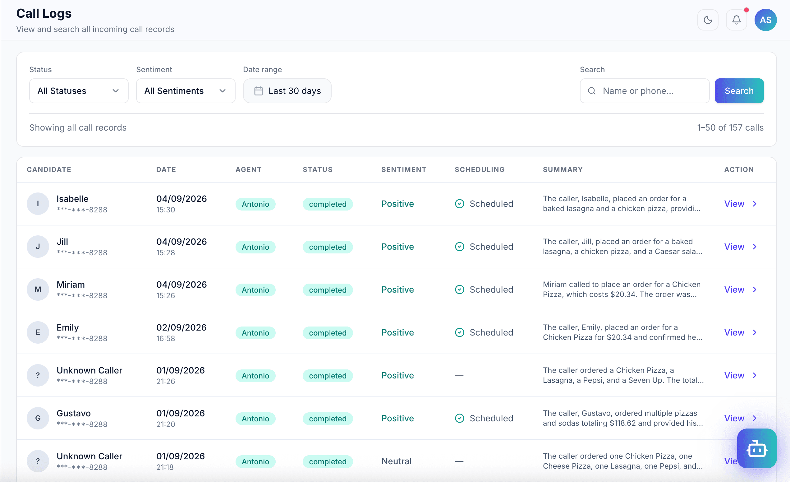 Call logs table with filters, sentiment tags, and call summaries
