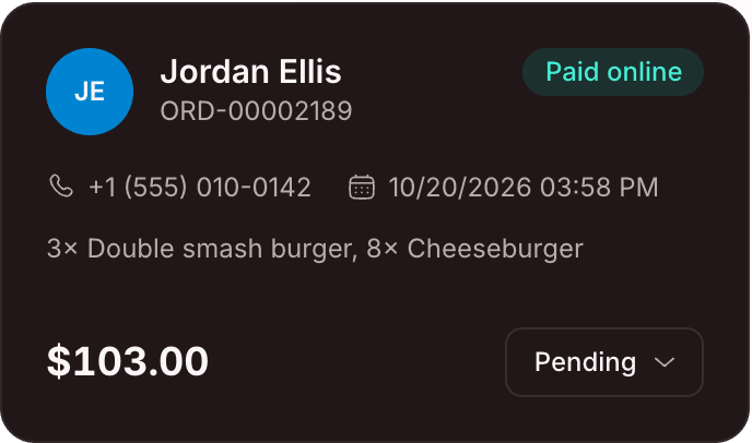 Order card for a paid online order, pending