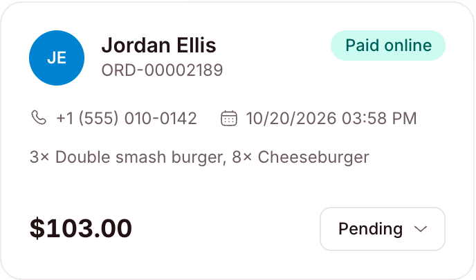 Order card for a paid online order, pending