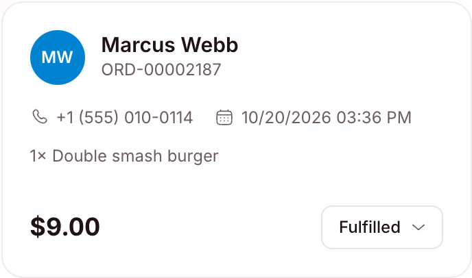 Order card for a fulfilled order