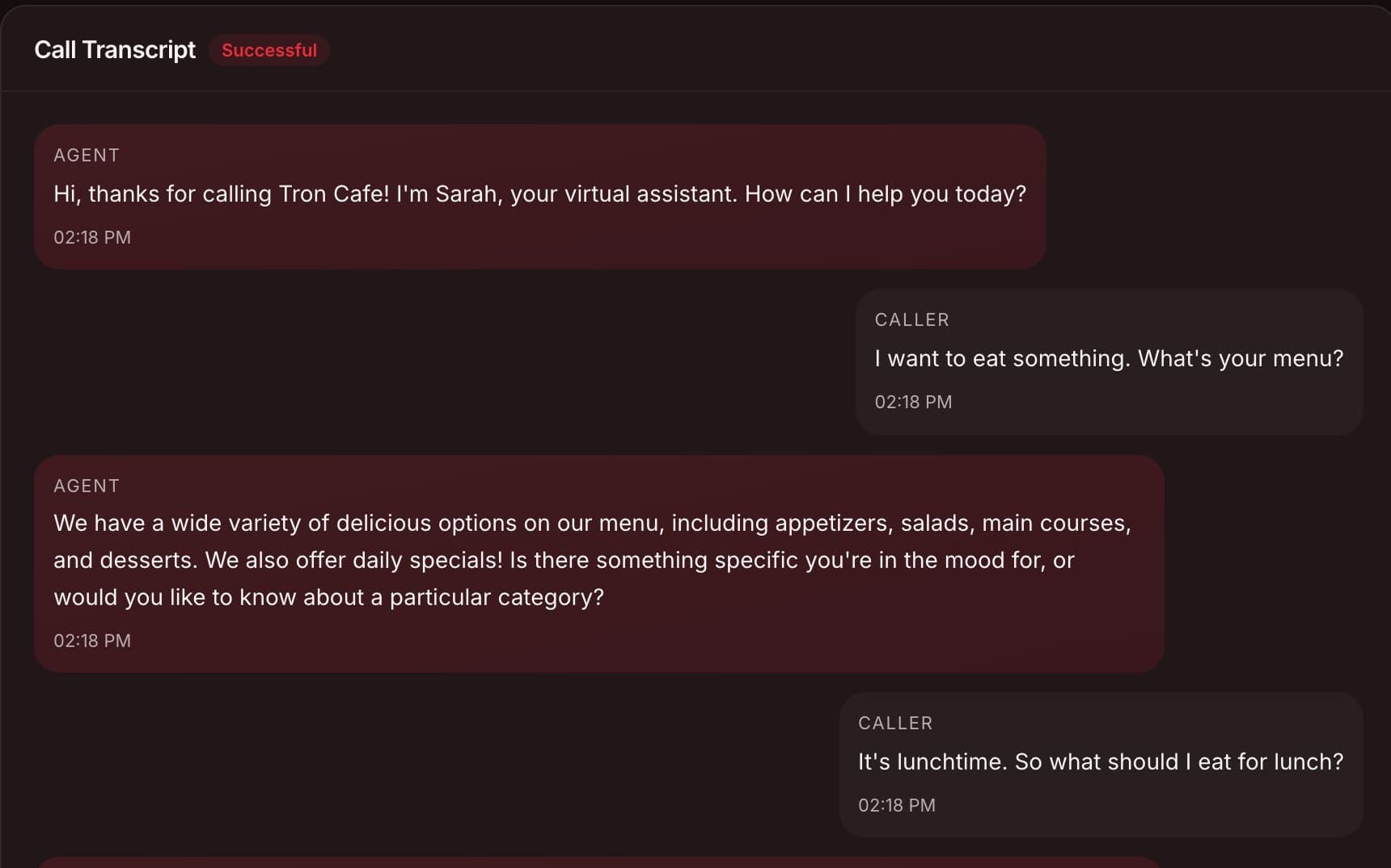Call transcript of the AI agent greeting a caller and answering questions about the menu