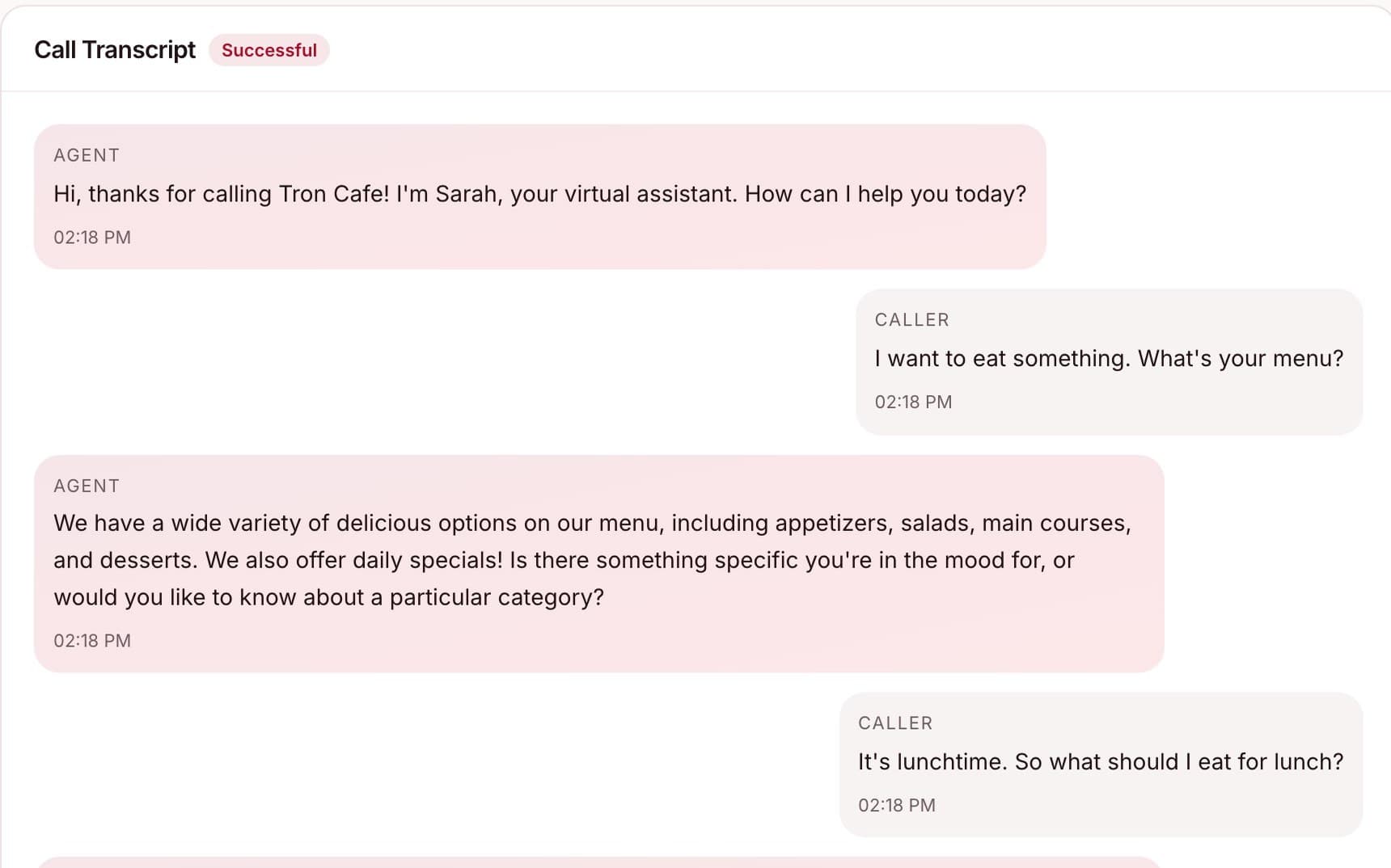 Call transcript of the AI agent greeting a caller and answering questions about the menu