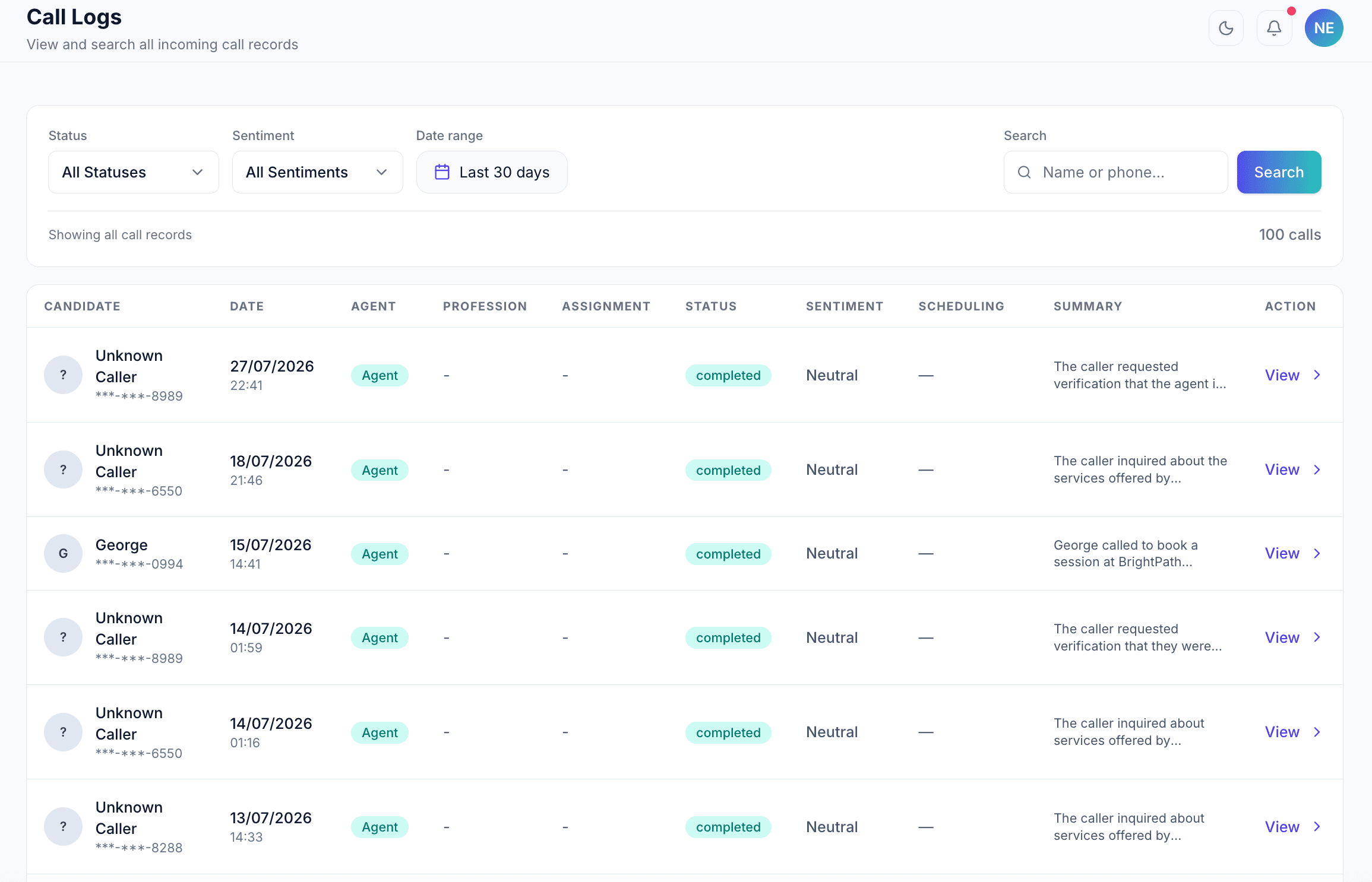 Call logs table with filters, sentiment tags, and call summaries
