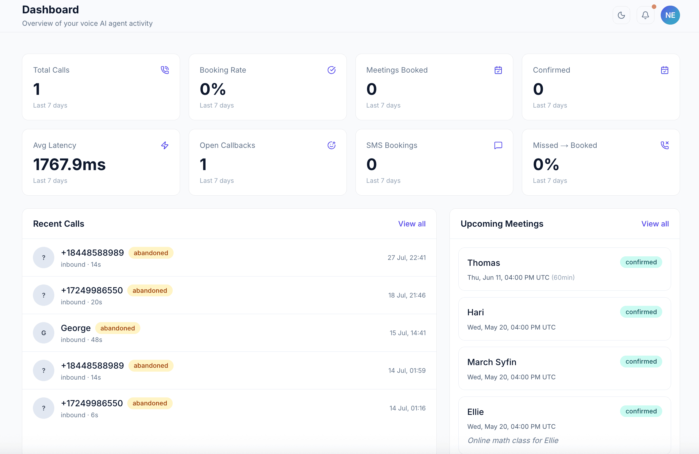 Sentire Systems dashboard showing call activity and upcoming meetings